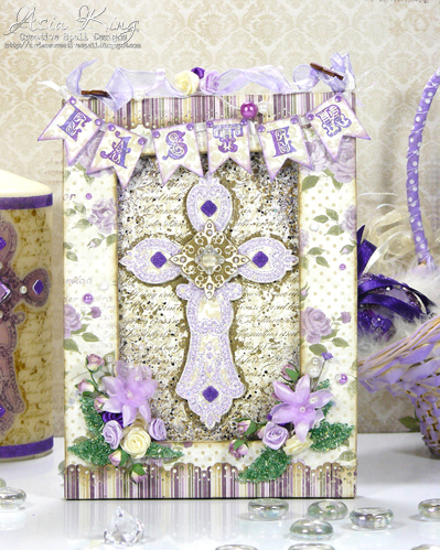 Maja Design Fika, cream purple green Spring altered frame decor with flowers and pearls Stampendous glitter Easter banner