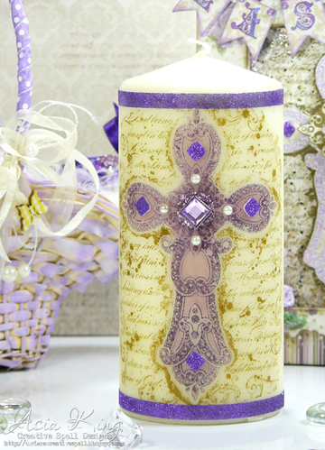 Stampendous Baroque Cross Easter altered candle with tissue Crafty Power Tape glitter ribbon