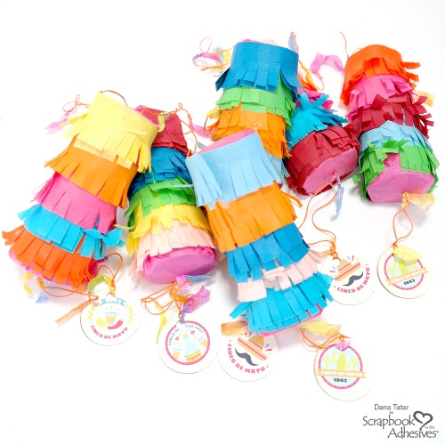 DIY Paper Roll Personal Pinatas Covered with Colorful Fringed Tissue Paper and Filled With Candy Held Together with Crafty Power Tape