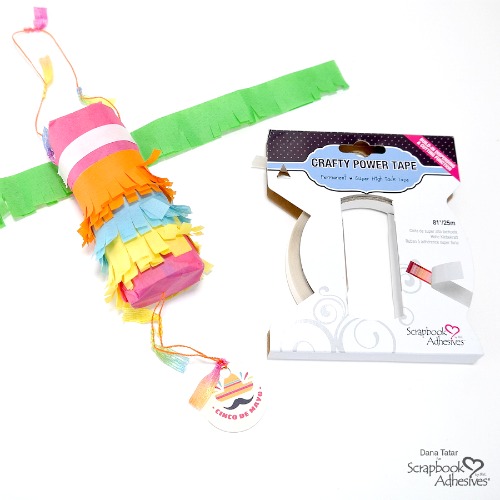 DIY Paper Roll Personsl Pinata Covered with Colorful Fringed Tissue Paper and Filled With Candy Held Together with Crafty Power Tape