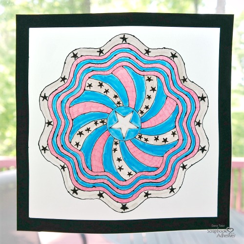 Red White and Blue Black Glue Patriotic Mandala on Vellum in Window