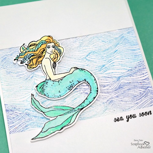 Watercolor Stamped and Die-Cut Mermaid with 3D Foam Circles on Embossed Wave Card