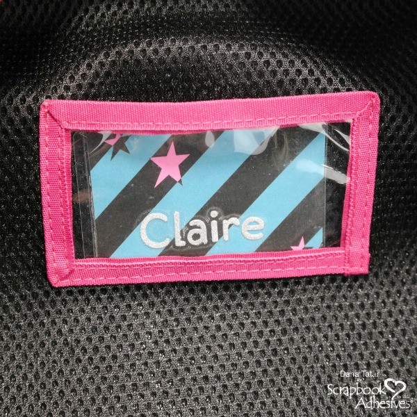 DIY Patterned paper and die-cut glitter letter backpack name tag in a Self-Laminating Card