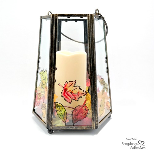 Hand-Painted Fall Lantern with Black Glue Leaves