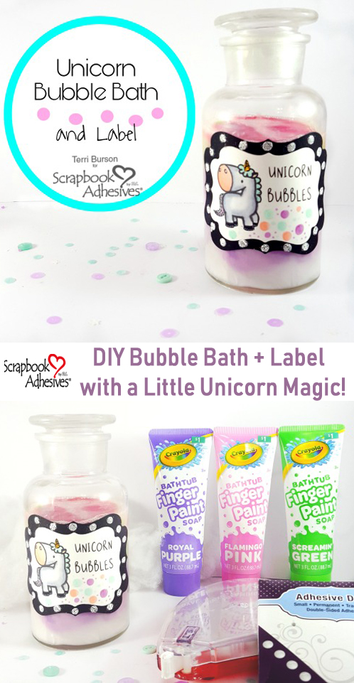 DIY Unicorn Bubble Bath and Label by Terri Burson for Scrapbook Adhesives by 3L Pinterest