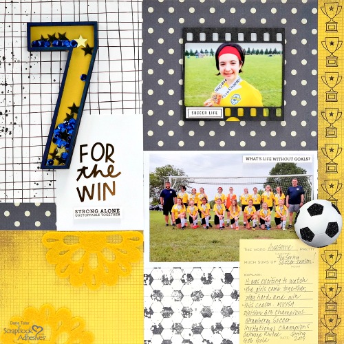 Soccer Themed Sports Scrapbook Layout with Jersey Number Shaker Embellishment by Dana Tatar for Scrapbook Adhesives by 3L