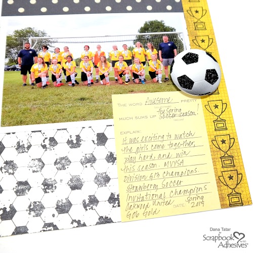 Soccer Themed Sports Scrapbook Layout with Jersey Number Shaker Embellishment by Dana Tatar for Scrapbook Adhesives by 3L