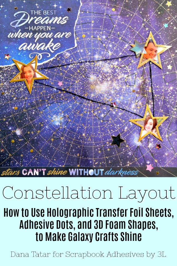 Constellation Scrapbook Layout with Holographic Foiled Star Photo Frames and Twinkle Adhesive Dots Galaxies by Dana Tatar for Scrapbook Adhesives by 3L