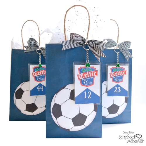 DIY Soccer Ball Goody Bag with Self-Laminating Player Card Key Chain Charms -Personalize Soccer Party Favor Bags Tutorial by Dana Tatar for Scrapbook Adhesives by 3L