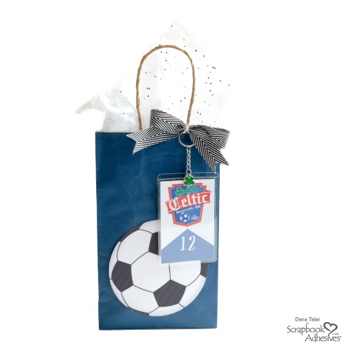 DIY Soccer Ball Goody Bag with Self-Laminating Player Card Key Chain Charm -Personalize Soccer Party Favor Bags Tutorial by Dana Tatar for Scrapbook Adhesives by 3L