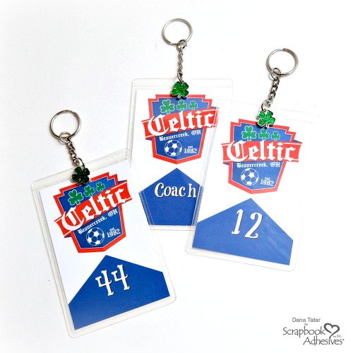 Soccer Player Number Key Chain Bag Tags created with HomeHobby by 3L Self-Laminating Cards -Personalize Soccer Party Favor Bags Tutorial by Dana Tatar for Scrapbook Adhesives by 3L