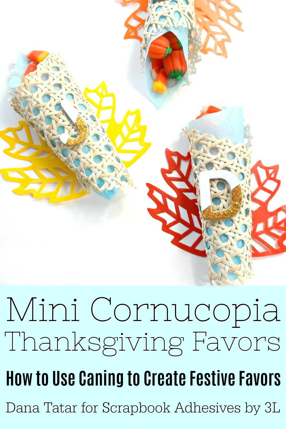 Mini Cornucopia Thanksgiving Favors with Foiled Letters and Colorful Leaves