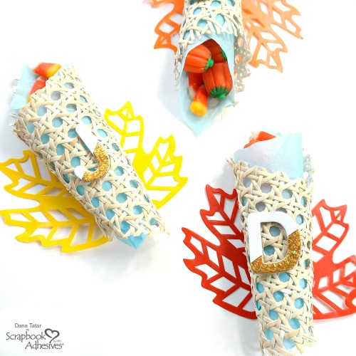 Mini Cornucopia Thanksgiving Favors with Foiled Letters and Colorful Leaves
