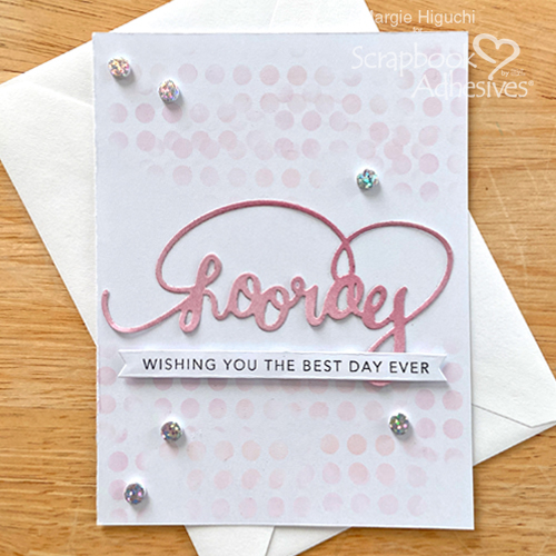Three Ways to Embellish with 3D Foam Circles by Margie Higuchi for Scrapbook Adhesives by 3L - Stenciled Hooray Card