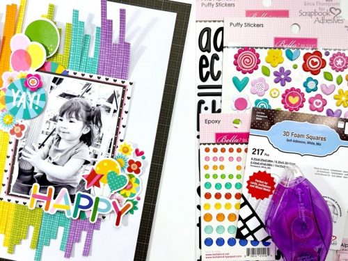 Colorful Happy Scrapbook Layout by Erica Thompson for Scrapbook Adhesives by 3L 