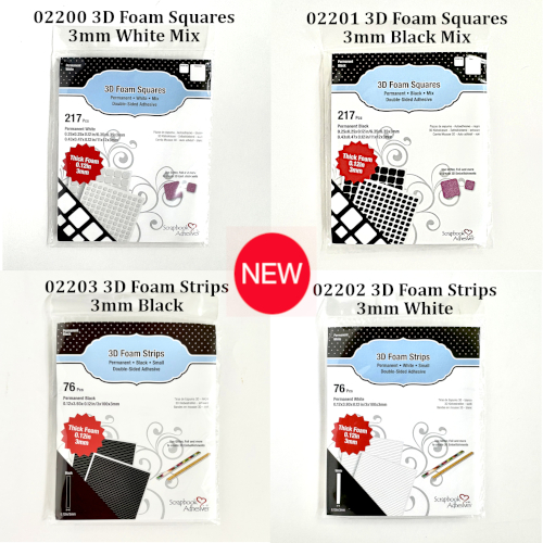 New Product 2026: 3mm in 3D Foam Squares White/Black and 3D Foam Strips SM White/Black Collage
