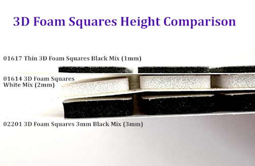 3D Foam Square Height Comparison of 01617 Thin 3D Foam Square Black (1mm), 01614 3D Foam Square White (2mm) and 02201 3D Foam Square 3mm Black (3mm)